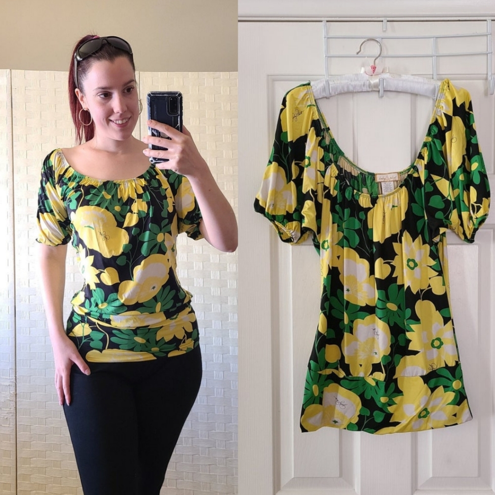 BABY PHAT Large Off The Shoulder Yellow Green Floral Stretchy Summer Peasant Top